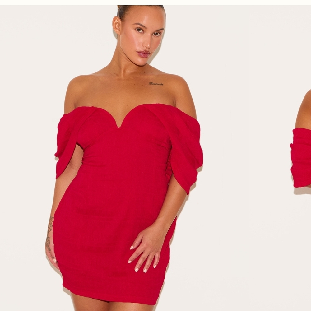 PrettyLittleThing Red Off-Shoulder Mini Dress